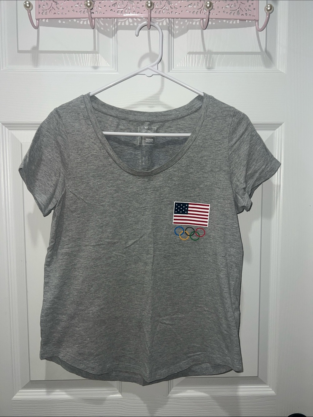 Team Apparel Gray Women's Short Sleeve Tee with USA Flag & Olympic Rings